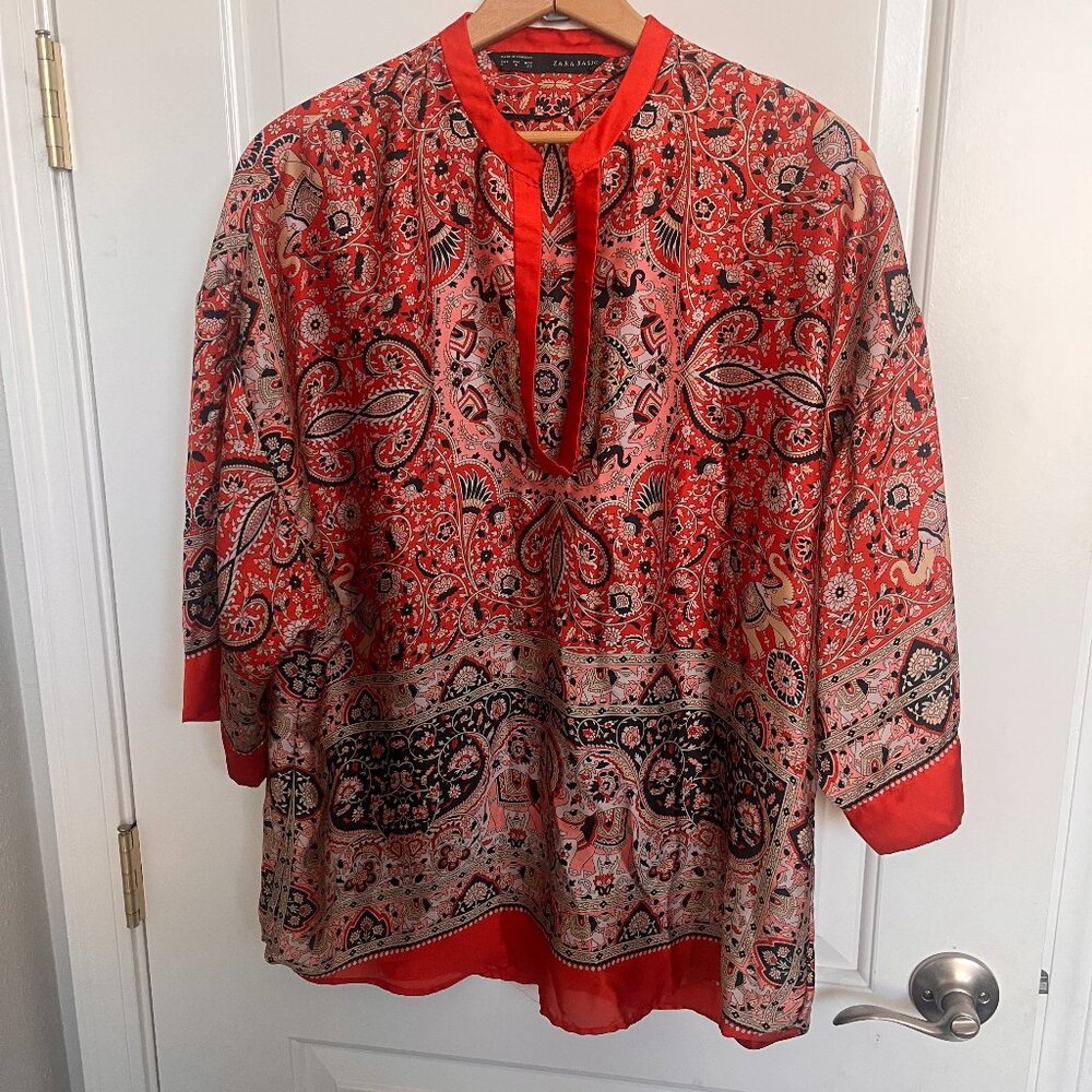 Zara Red/Pink Ornate Paisley Print Blouse MEDIUM